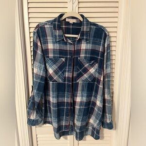 Michael Kors Women Blue Plaid Soft Button Down Flannel Size Large